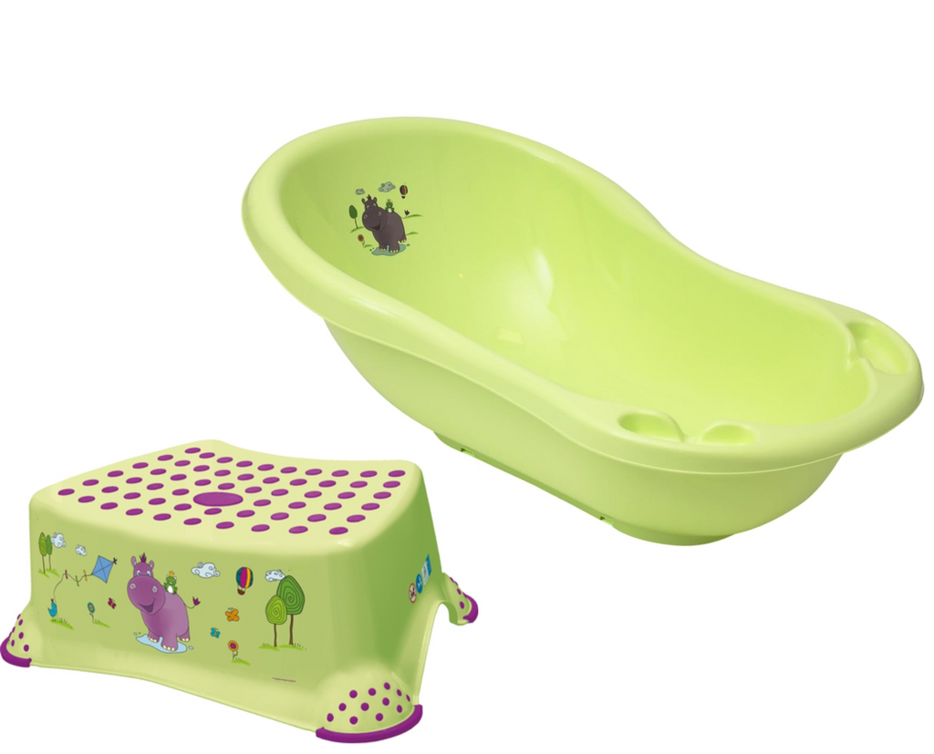Baby-Set: Badewanne & Tritthocker - Hippo-Motiv