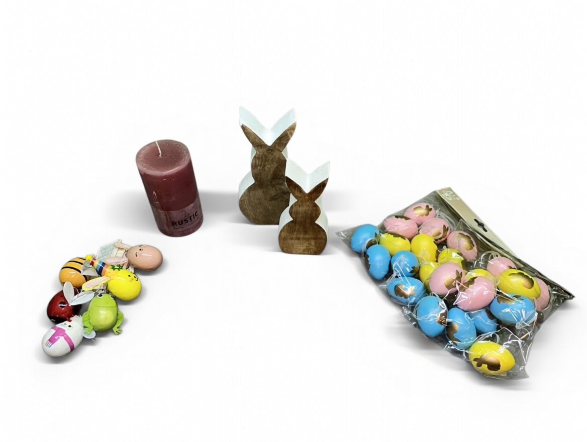 Osterdeko Set mit Holzhasen, bunten Ostereiern & Stumpenkerze Beeren