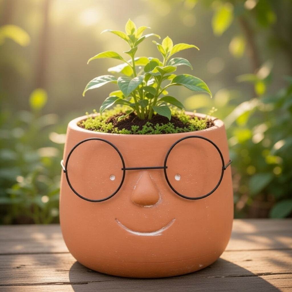 Blumentopf Terrakotta Gesicht Brille lustig handgefertigt 20,5x16 cm Deko