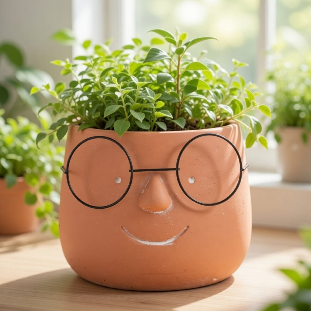 Blumentopf Terrakotta Gesicht Brille lustig handgefertigt 20,5x16 cm Deko