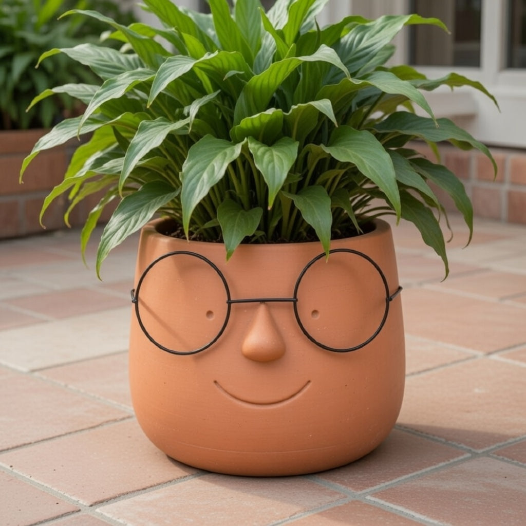 Blumentopf Terrakotta Gesicht Brille lustig handgefertigt 20,5x16 cm Deko