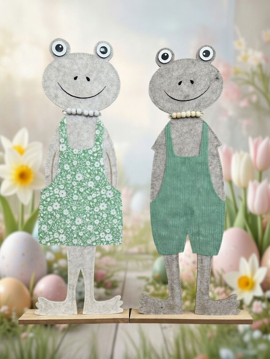 Frosch Pärchen Filz Dekofigur 50 cm mit Kleid & Latzhose Pastell Paar Kinderdeko