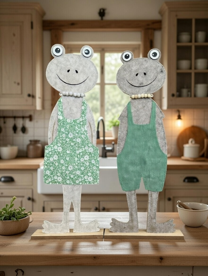 Frosch Pärchen Filz Dekofigur 50 cm mit Kleid & Latzhose Pastell Paar Kinderdeko