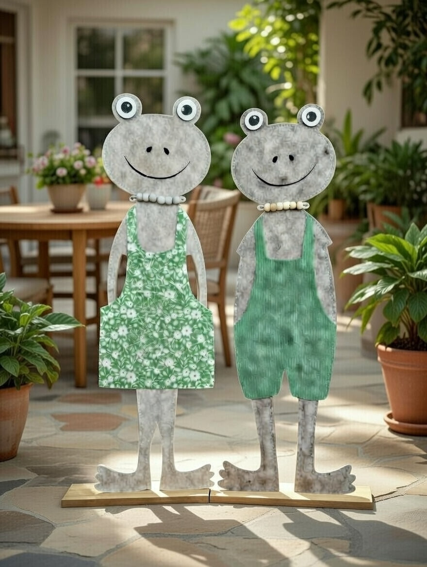 Frosch Pärchen Filz Dekofigur 50 cm mit Kleid & Latzhose Pastell Paar Kinderdeko