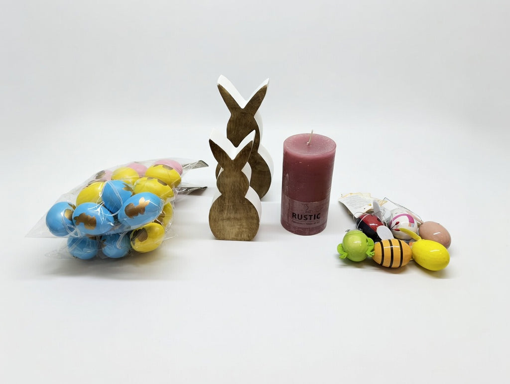 Osterdeko Set mit Holzhasen, bunten Ostereiern & Stumpenkerze Beeren