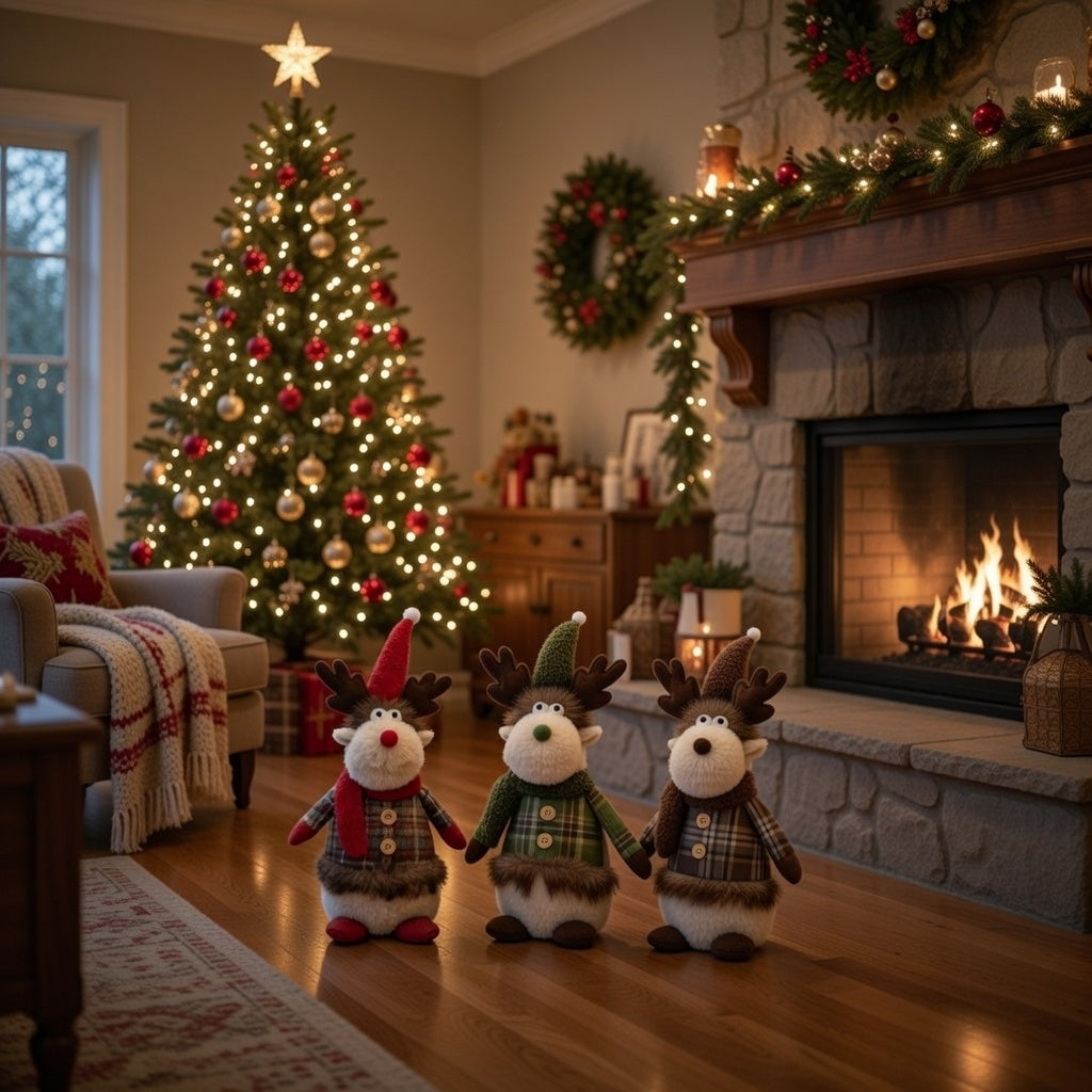 3er Set Wichtel rot grün braun Weihnachts-Elch 40 cm Figur Deko Stoff Dekofigur