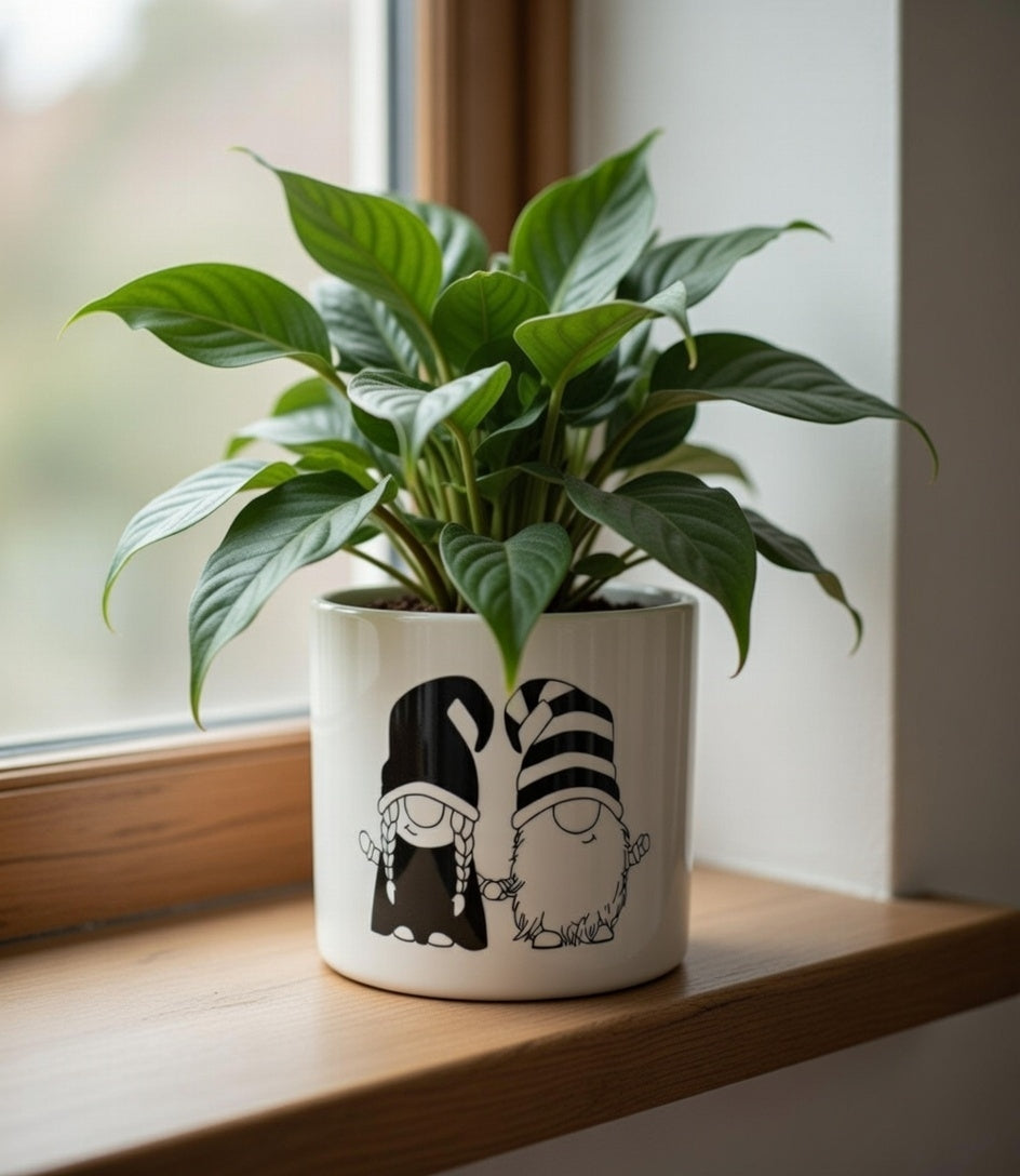 Blumentopf Rund Wichtel Keramik 12 cm schwarz weiß Gnom Design Deko
