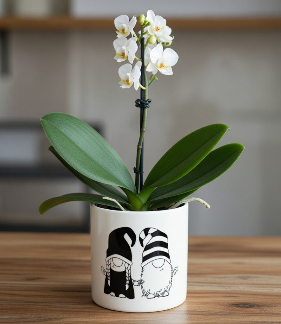 Blumentopf Rund Wichtel Keramik 12 cm schwarz weiß Gnom Design Deko
