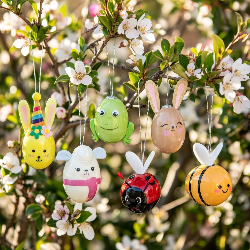 Frühlings & Osteranhänger Ei  5,5 cm- 6 bunte Tier-Eier Set zum Aufhängen