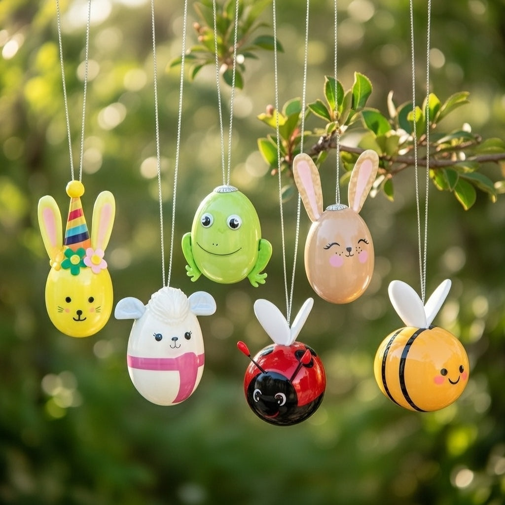 Frühlings & Osteranhänger Ei  5,5 cm- 6 bunte Tier-Eier Set zum Aufhängen