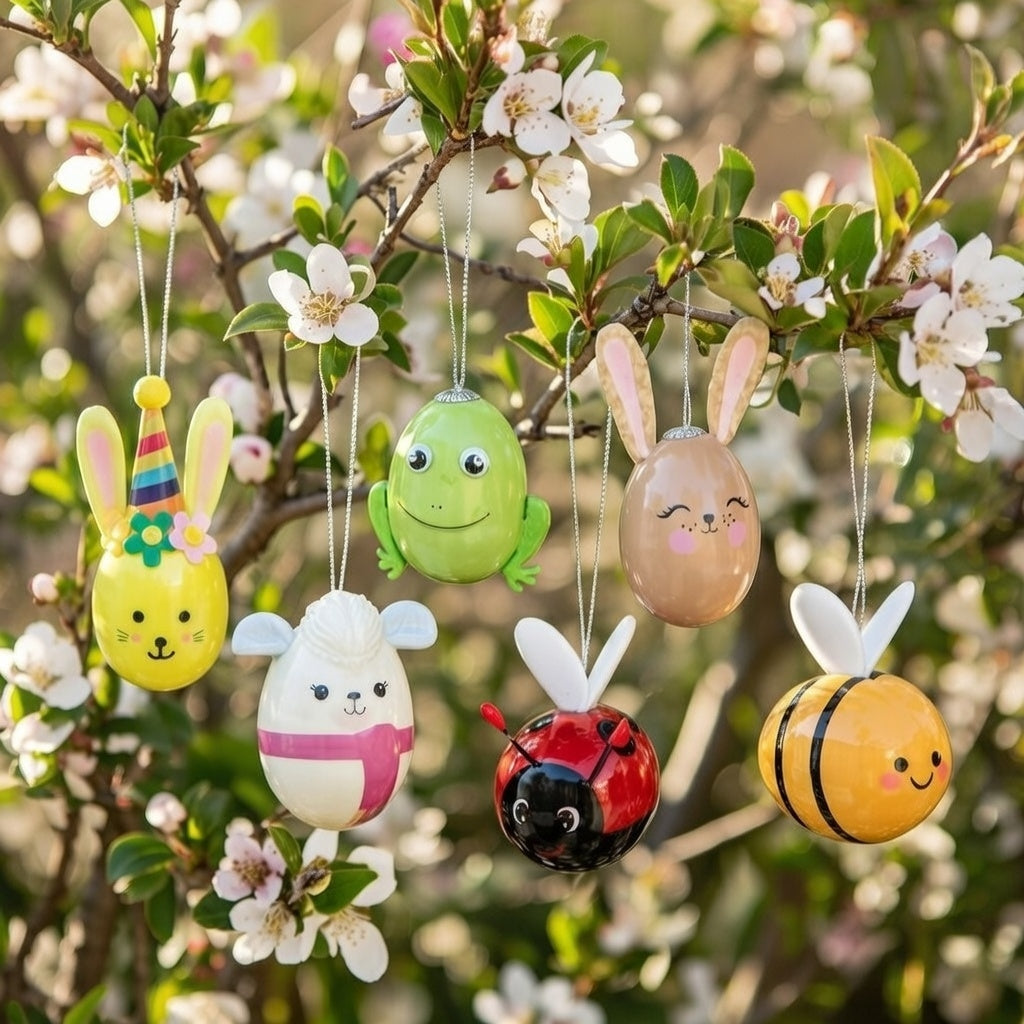 Frühlings & Osteranhänger Ei  5,5 cm- 6 bunte Tier-Eier Set zum Aufhängen