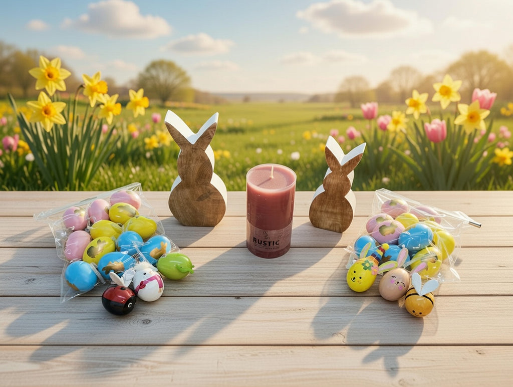 Osterdeko Set mit Holzhasen, bunten Ostereiern & Stumpenkerze Beeren