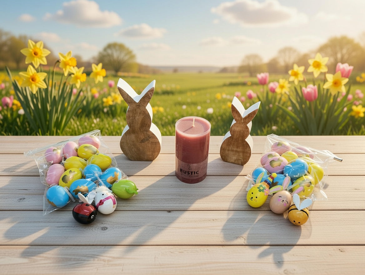 Osterdeko Set mit Holzhasen, bunten Ostereiern & Stumpenkerze Beeren