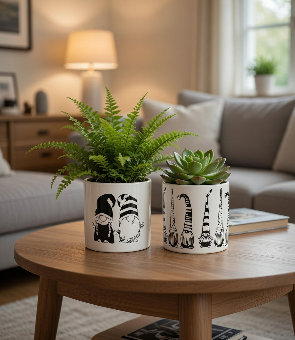 Blumentopf 2er Set Rund Wichtel- Gnom Keramik Schwarz-Weiß