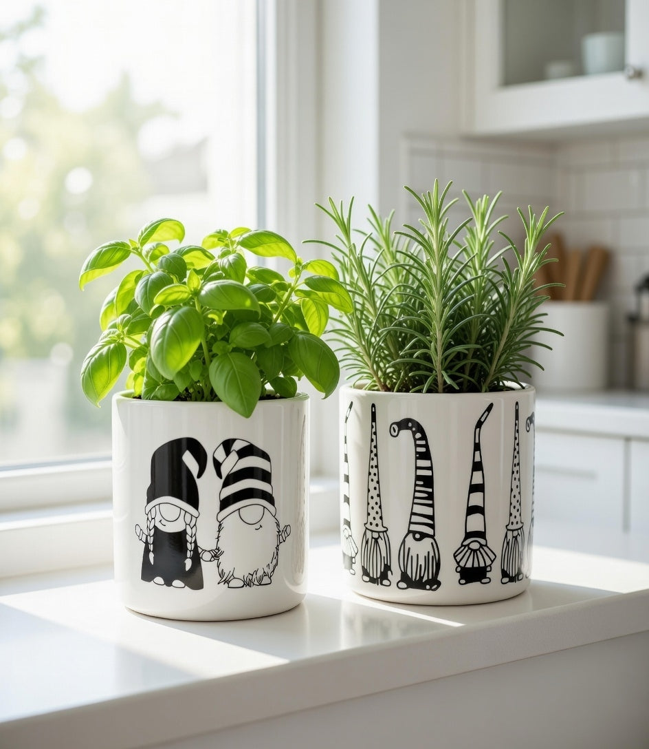 Blumentopf 2er Set Rund Wichtel- Gnom Keramik Schwarz-Weiß