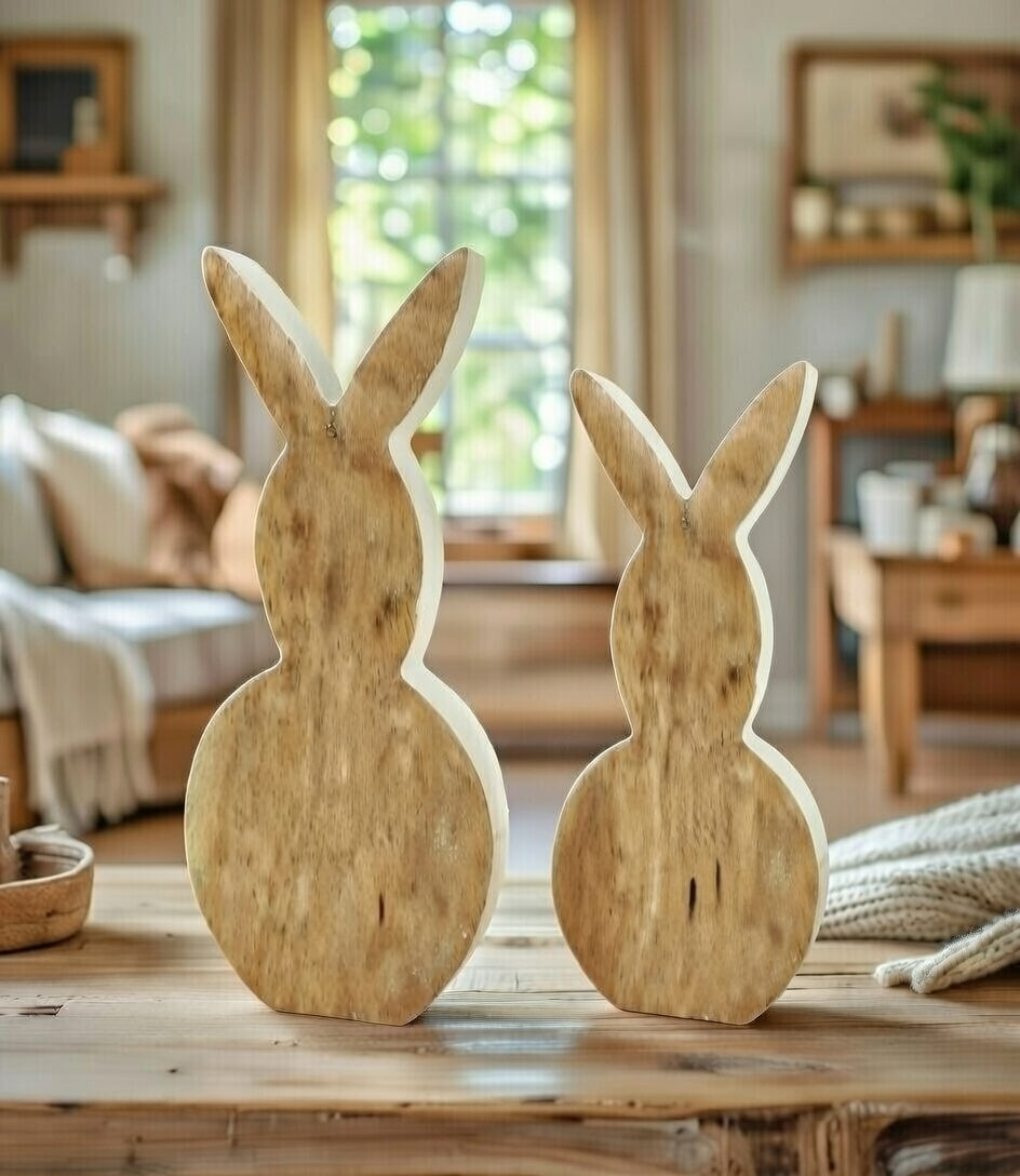 Deko Hasen 2er Set holz-weiß 23 cm/18 cm natürlicher Holzhase Osterdeko