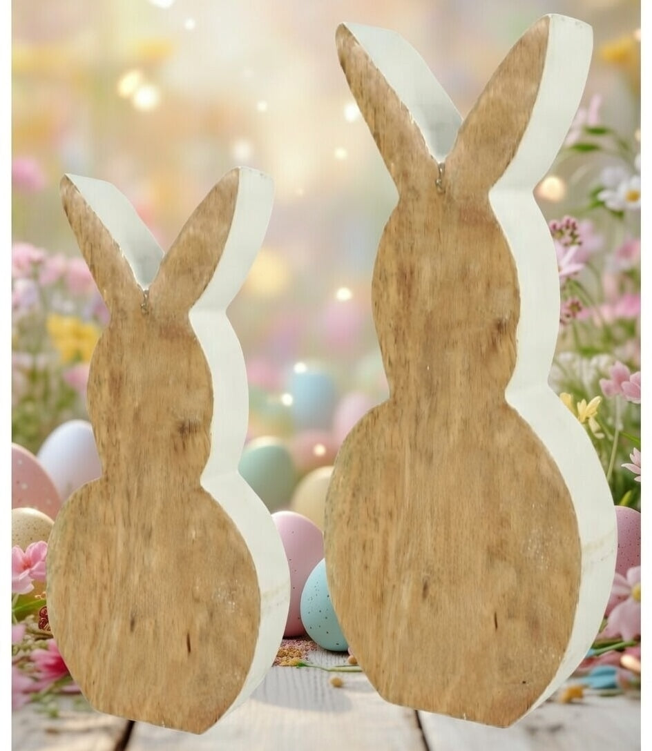 Deko Hasen 2er Set holz-weiß 23 cm/18 cm natürlicher Holzhase Osterdeko