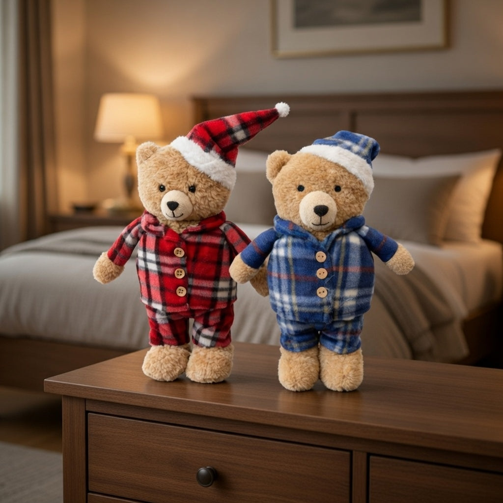 Kinder Teddybär 2er Set Schlafanzug rot 30 cm Pyjama Winter