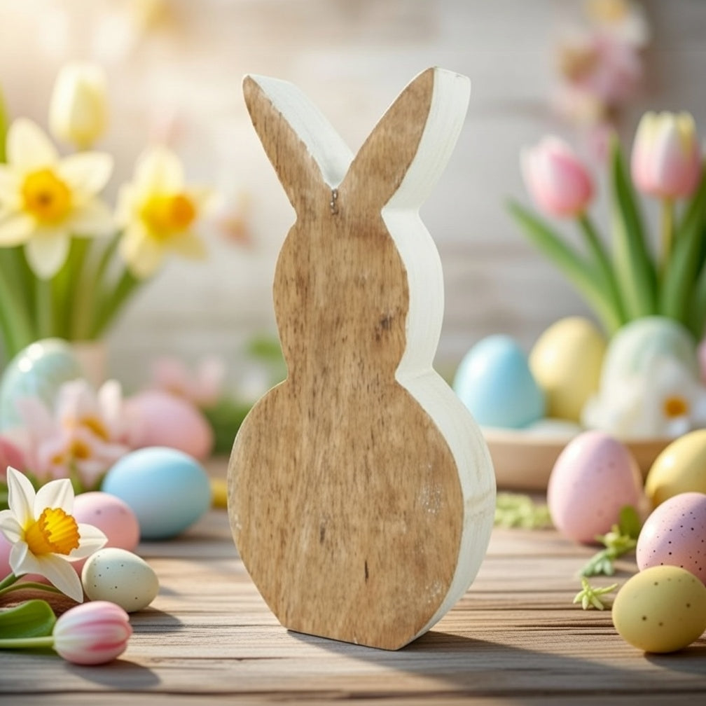 Deko Hase holz-weiß 18 cm natürlicher Holzhase Osterdeko