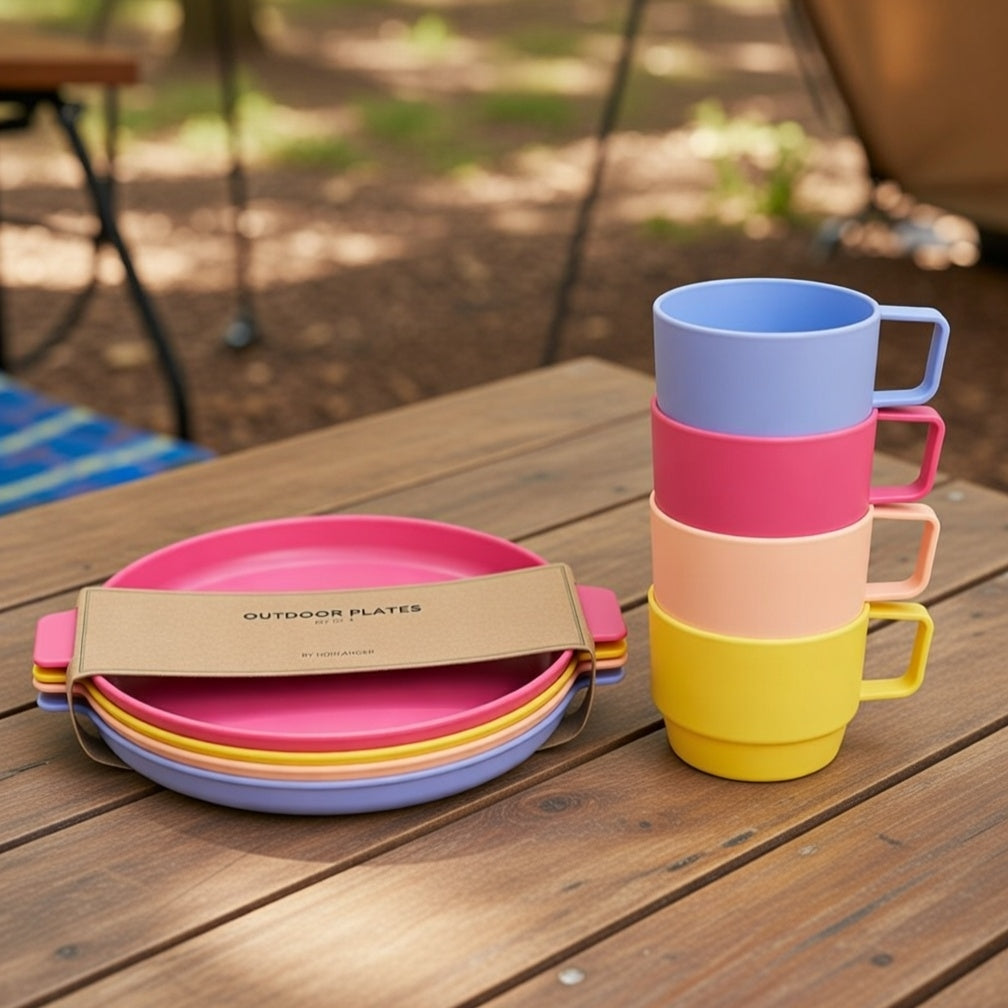 Outdoor Kinder Geschirr Set 8-teilig - 4 Becher + 4 Teller bunt bruchsicher