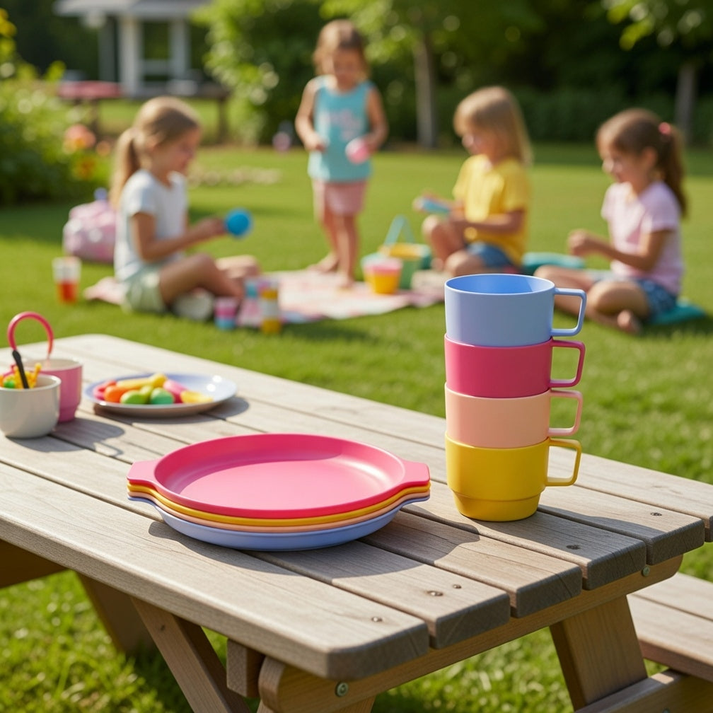 Outdoor Kinder Geschirr Set 8-teilig - 4 Becher + 4 Teller bunt bruchsicher