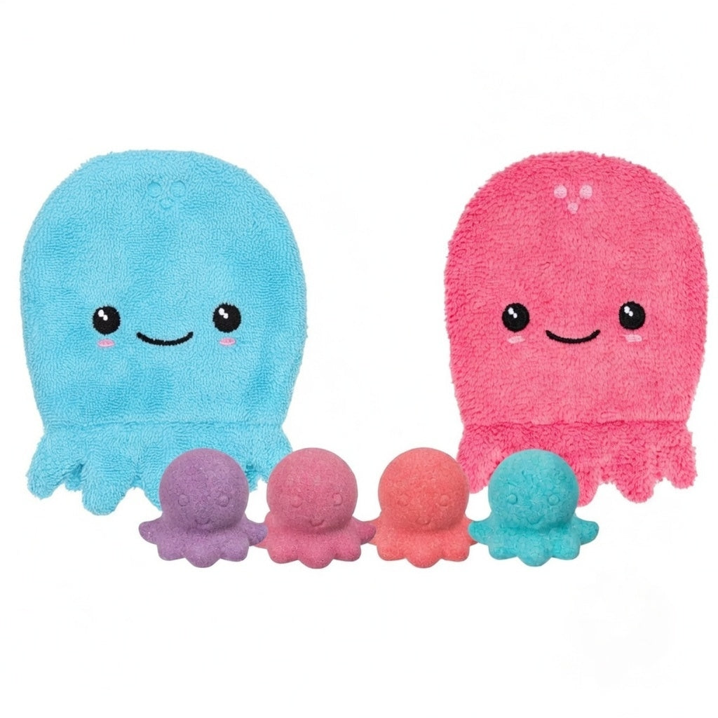 Badebombe & Waschlappen Oktopus Set sprudelnd lustig 4 Bomben 4 Lappen