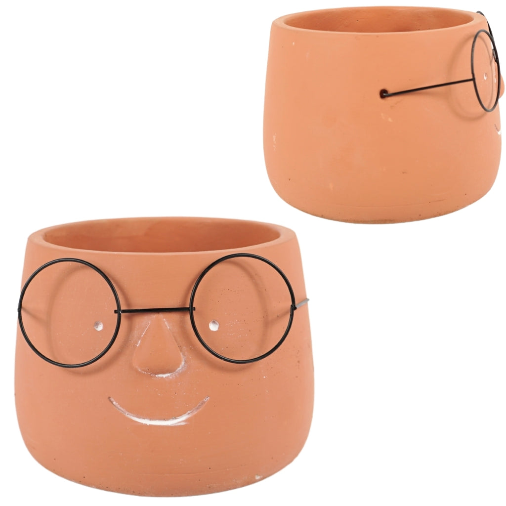Blumentopf Terrakotta Gesicht Brille lustig handgefertigt 20,5x16 cm Deko